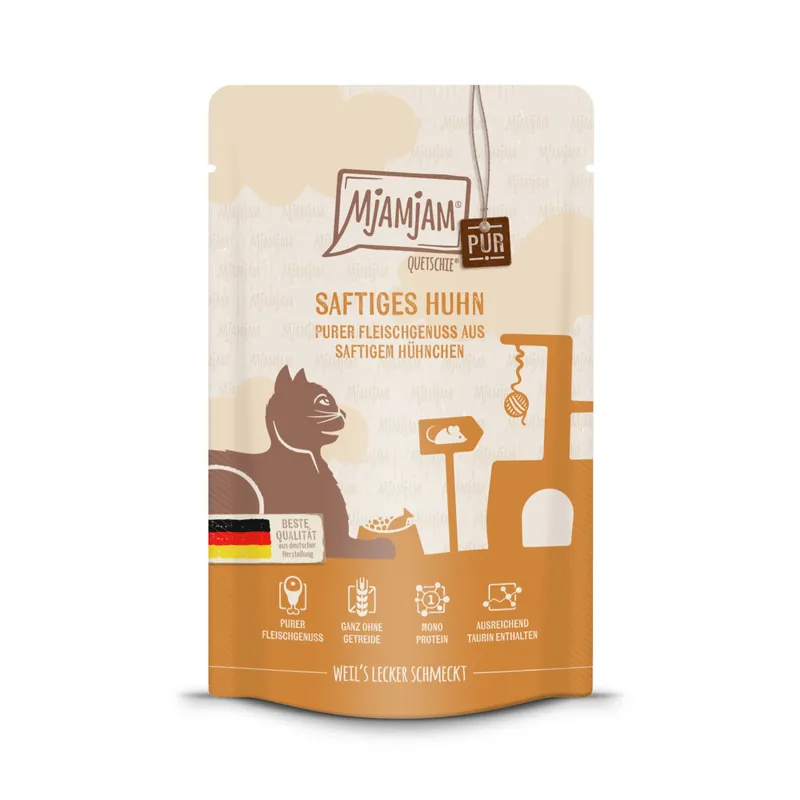 Sparpaket 24 x 125 g Mjamjam Quetschie Saftiges Huhn purer Fleischgenuss aus saftigem Hühnchen Katzen Nassfutter Ausverkauf